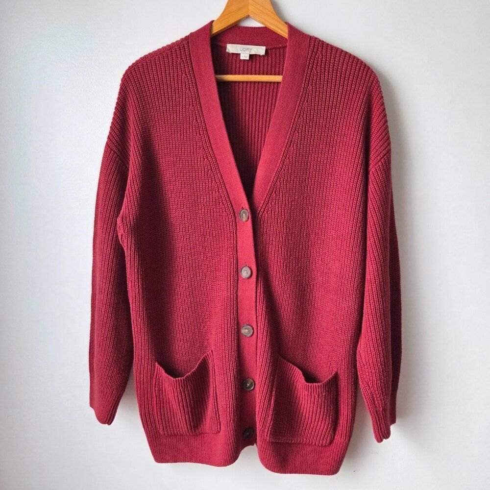 EUC LOFT RED DEEP V NECK BUTTONED COTTON CARDIGAN SWEATER SIZE XL WOMENS